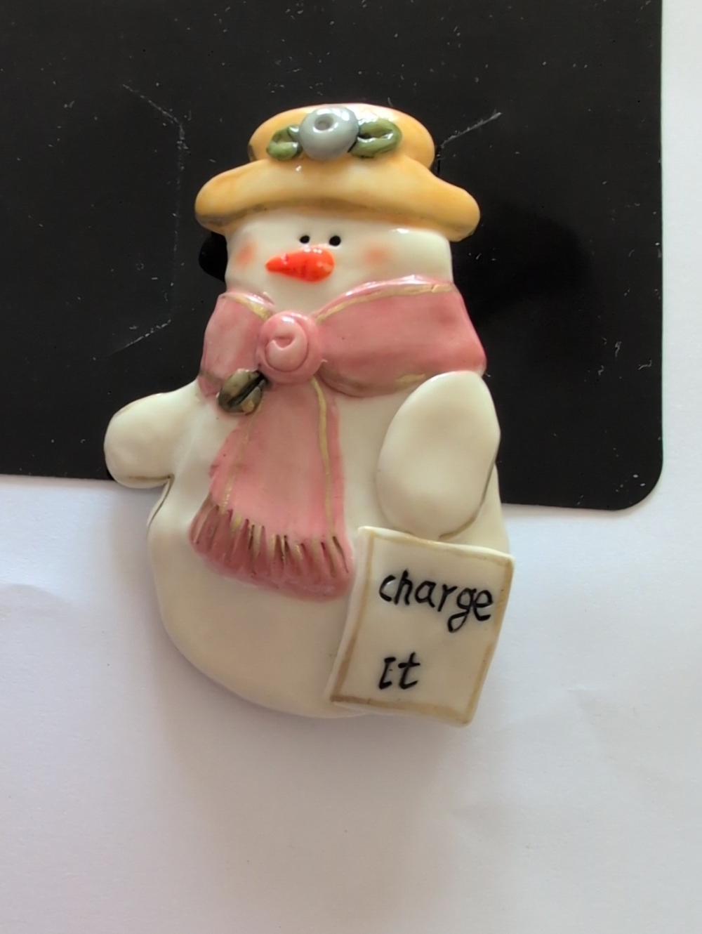 Ceramic Snowman Pin in Cream and Pink By Nancy Williams 1999